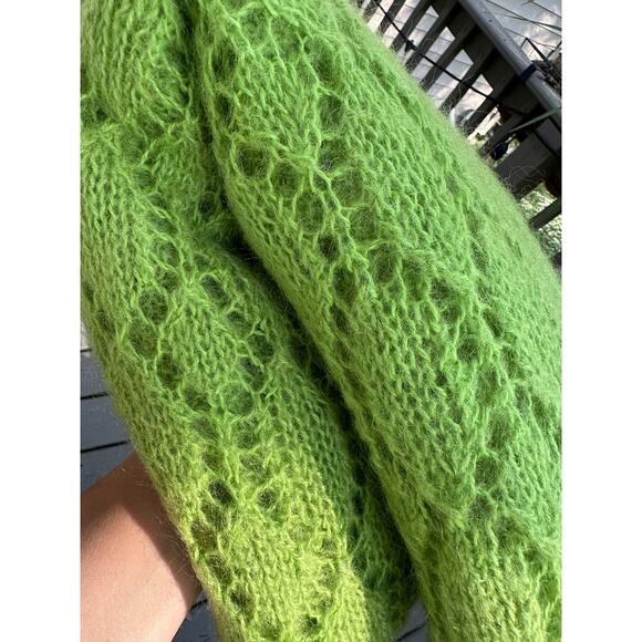 Mohair Wool Crochet Blanket lime green Hand Made Diamond Knit Throw 68x48” - Picture 4 of 10